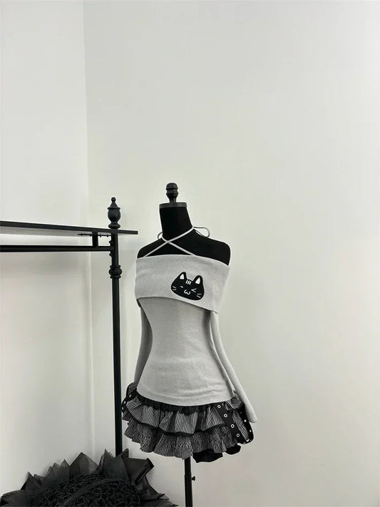 Japanese Sweet Y2k Elegant 2 Piece Set Woman Long Sleeve Chic Blouse+ Mini Ruffle Skirt Female Korea Style Rave Birthday Outfits SS69