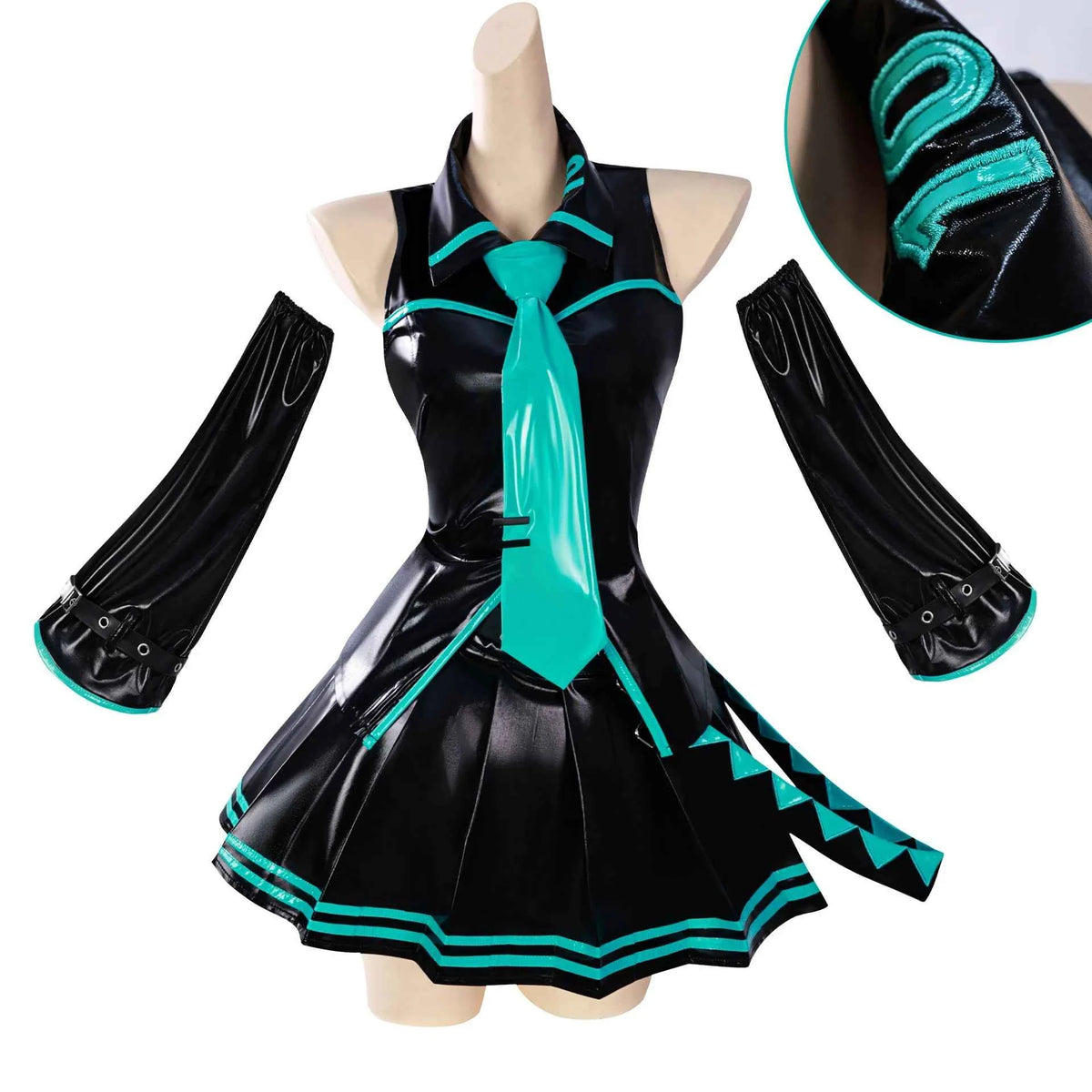in stock Anime Miku Cosplay Full Set Costume Miku 16TH Cosplay Leather Midi Sexy Dress Halloween Carnival Party JK Uniform