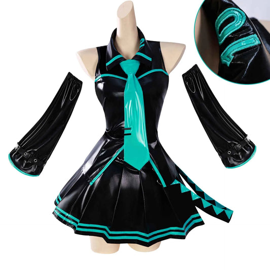 in stock Anime Miku Cosplay Full Set Costume Miku 16TH Cosplay Leather Midi Sexy Dress Halloween Carnival Party JK Uniform