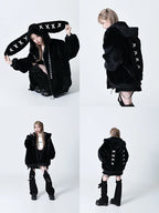 Mauroicardi Women's Black Faux Fur Coat with Bunny Ears