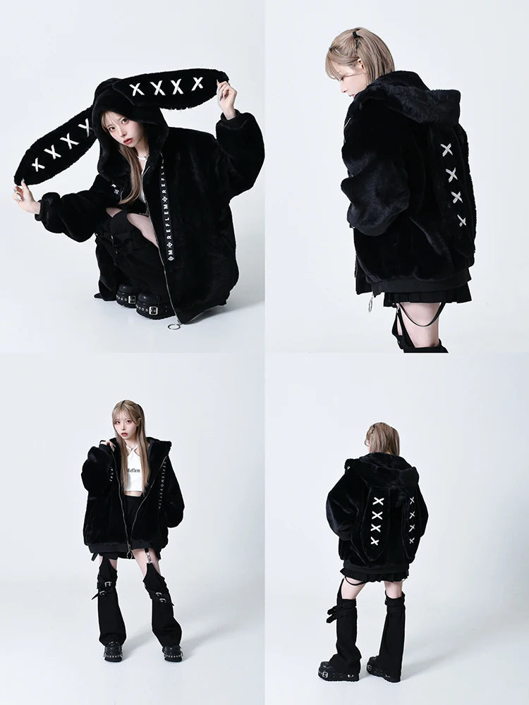 Mauroicardi Women's Black Faux Fur Coat with Bunny Ears