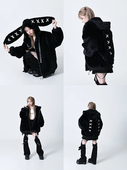 Mauroicardi Autumn Winter Sweet Cute Kawaii Soft Thick Warm Black Faux Fur Coat Women with Bunny Ears Cute Fluffy Jacket Hoodie
