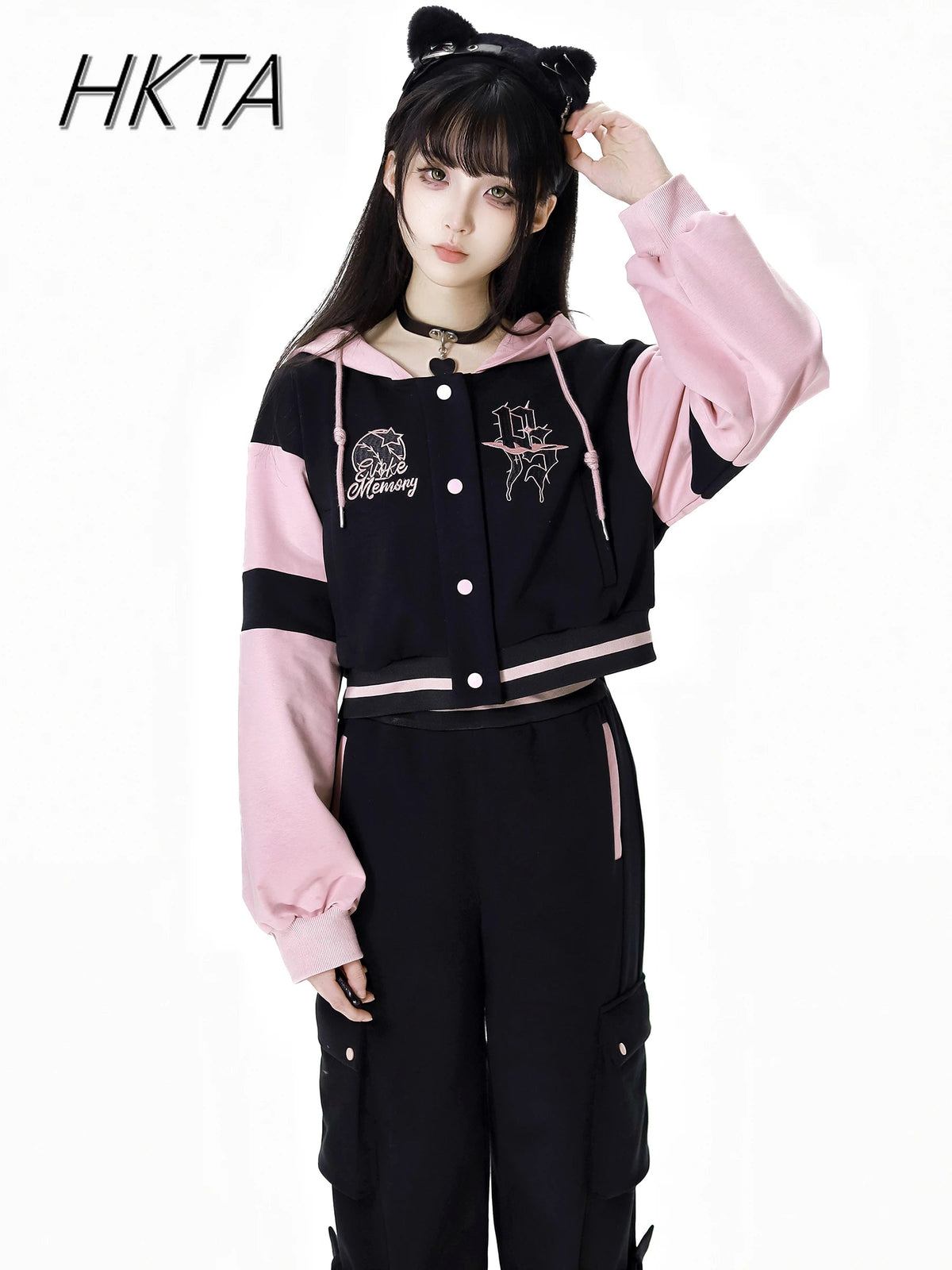Sweet Cool Embroidery Pink Black Hoodies Baseball Slim Zipper Women Sweatshirt Jacket Loose Casual Trousers Sweet Mini Skirt Set SS69