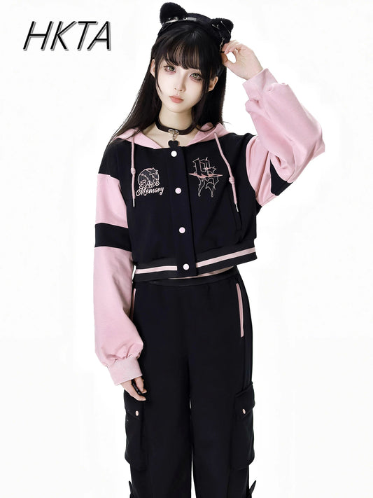 Sweet Cool Embroidery Pink Black Hoodies Baseball Slim Zipper Women Sweatshirt Jacket Loose Casual Trousers Sweet Mini Skirt Set SS69