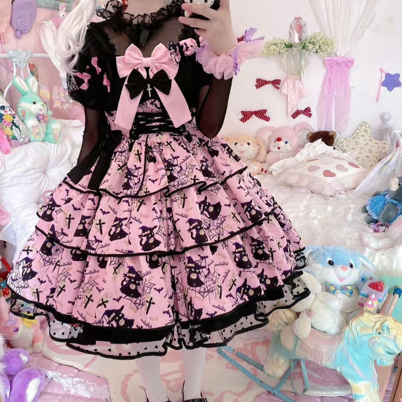 Victorian Sweet Black Pink Lolita Dress Women Kawaii Elegant Luxury Y2k Chic Retro Gothic Dresses Girls Witch Pattern Midi Dress SS69