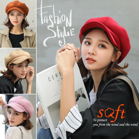Solid Color Korean Style Woolen Octagonal Hat for Women Autumn/Winter New Style Duckbill Beret, Trendy British Style Painter Hat