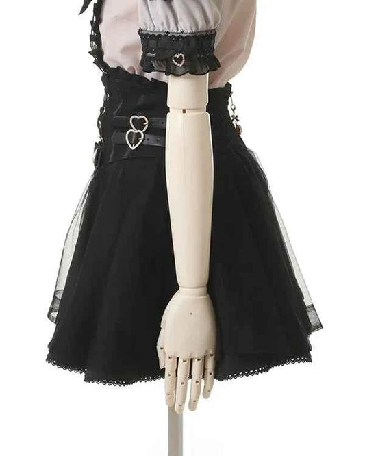 Japanese Liz New Spring Lace Edge Leather Ring High Waist Pleated Skirt Ribbon Bow Short Plaid Skirts Big Bow Lolita Blouses