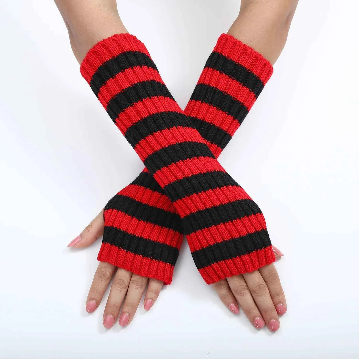 Women's Knitted Fingerless Arm Sleeves Gothic Style Striped Winter Long Arm Warmers Girls Harajuku Y2K Fashion Wrist Gloves