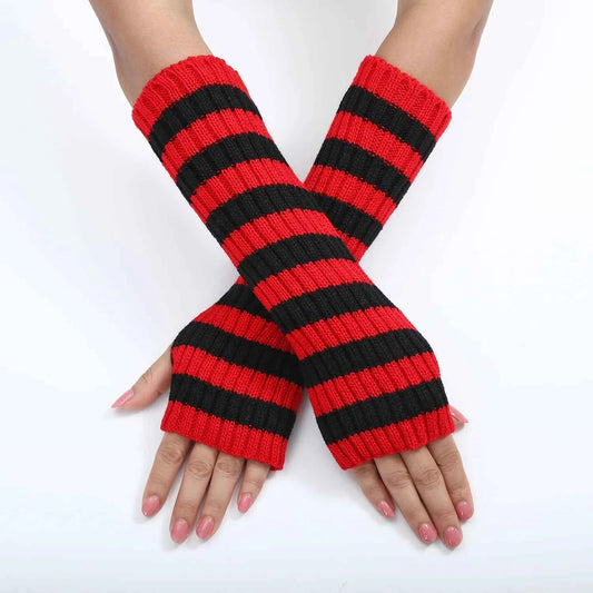 Women's Knitted Fingerless Arm Sleeves Gothic Style Striped Winter Long Arm Warmers Girls Harajuku Y2K Fashion Wrist Gloves