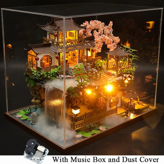DIY Wooden Chinese Ancient Casa Miniature Building Kits Bookend With Lights Assembled Bookshelf Home Decoration Friends Gifts SS69 138.69 A cover music / CHINA