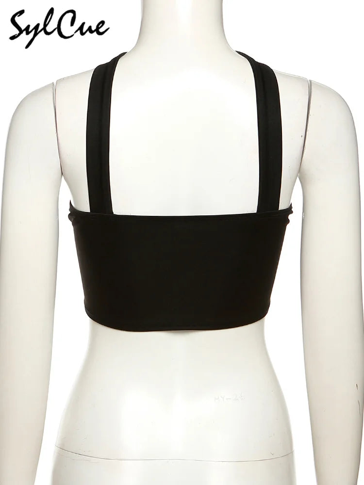 Sylcue Stitching Pink Sexy Hanging Neck Elastic Outer Wear Mature Charm Hot High Street Royal Sister Women's Vest Short Top SS69