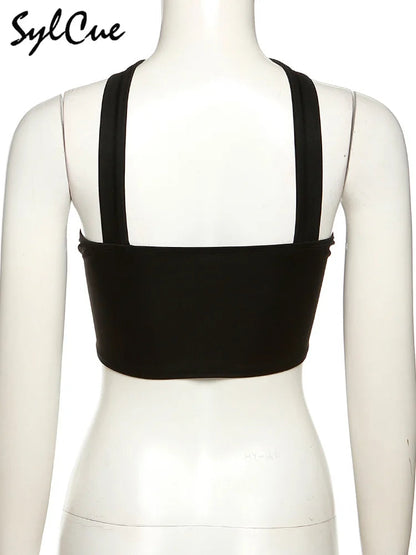 Sylcue Stitching Pink Sexy Hanging Neck Elastic Outer Wear Mature Charm Hot High Street Royal Sister Women's Vest Short Top SS69