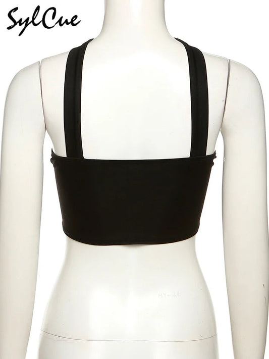 Sylcue Stitching Pink Sexy Hanging Neck Elastic Outer Wear Mature Charm Hot High Street Royal Sister Women's Vest Short Top SS69