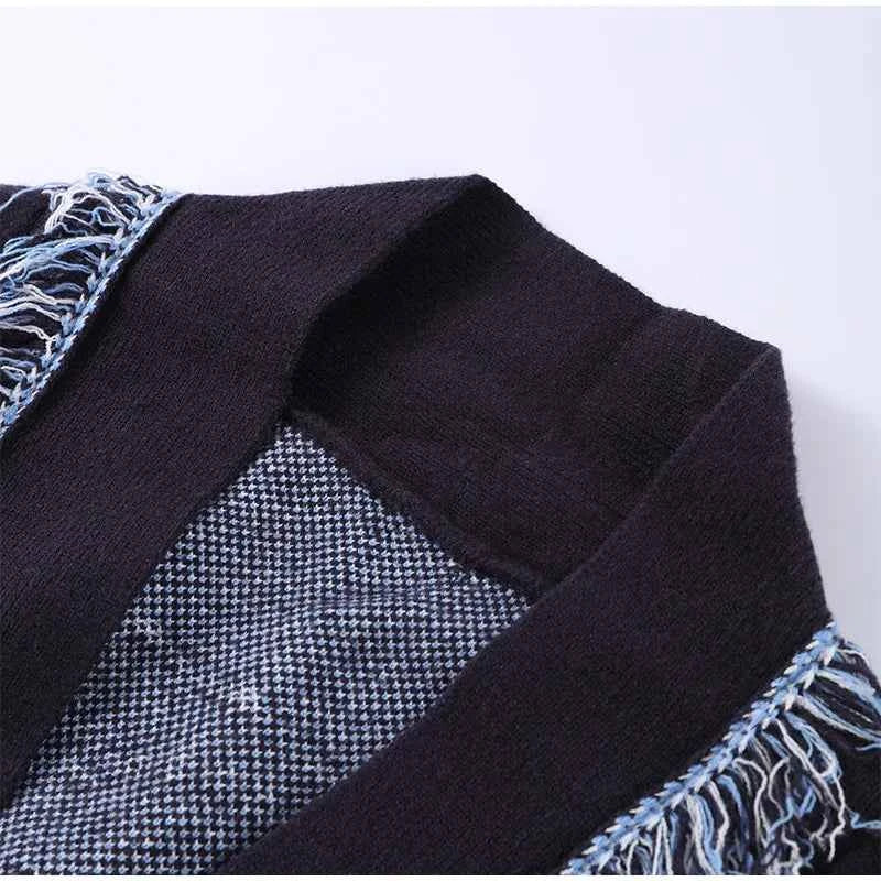 Vintage Tassels Print Women's Print Cardigan V-Neck Lace Up Full Sleeve Spliced Sweaters 2025 Autumn Lady All-match Kintwears