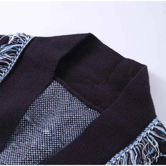 Vintage Tassels Print Women's Print Cardigan V-Neck Lace Up Full Sleeve Spliced Sweaters 2025 Autumn Lady All-match Kintwears