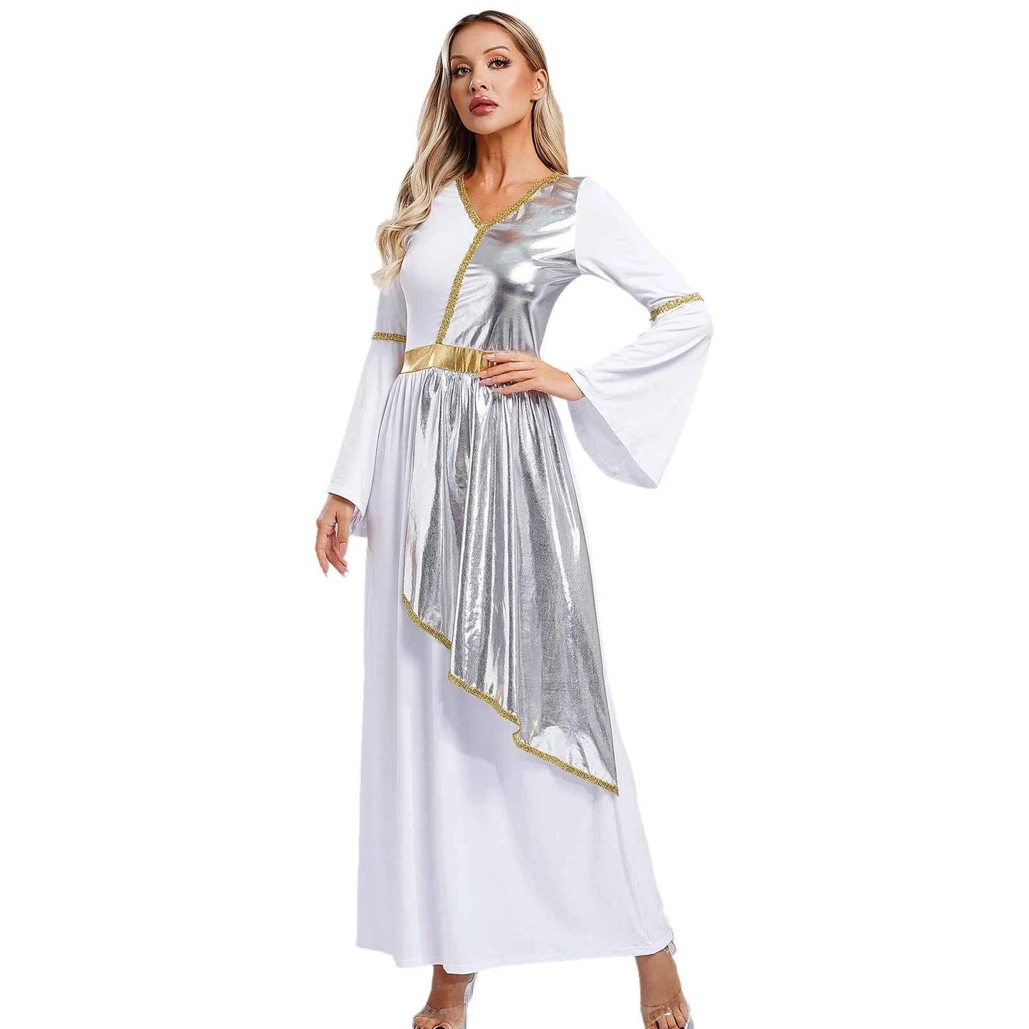 Woman in a white Greek goddess dress with silver metallic overlay, gold trim, and bell sleeves.