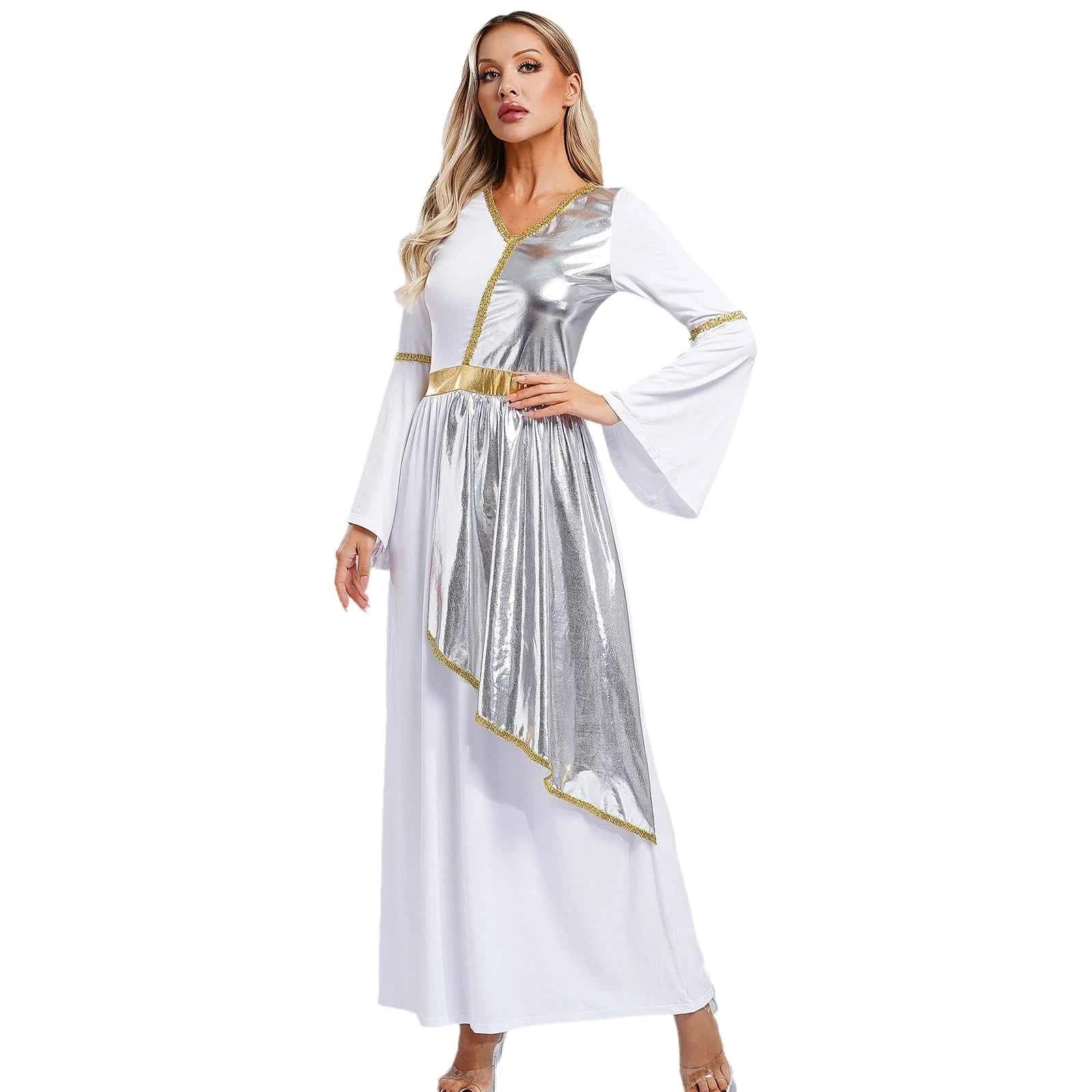 Woman in a white Greek goddess dress with silver metallic overlay, gold trim, and bell sleeves.