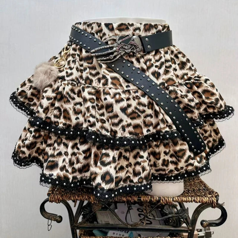 Y2k Japanese Vintage Lolita Style Short Party Skirts Women Gothic Leopard Print Mini Skirts Streetwear Harajuku Punk Skirt Chic