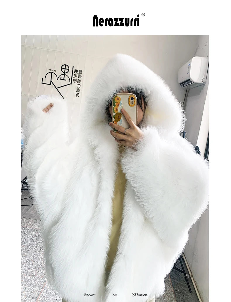 Nerazzurri Women's Faux Fur Coat with Hood - Warm & Fluffy