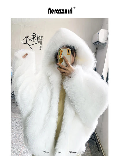 Nerazzurri Autumn Winter Oversized White Black Warm Shaggy Hairy Faux Fur Coat Women with Hood Loose Casual Fluffy Jacket 2023