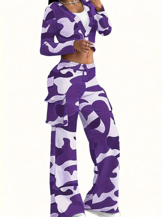 Camo Print Cargo Pants Sets Sexy Crop Tops & Elastic High Waist Wide Leg Trousers Women's Two Pieces Set Casual SweatOutfits SS69 26.69 Purple / S