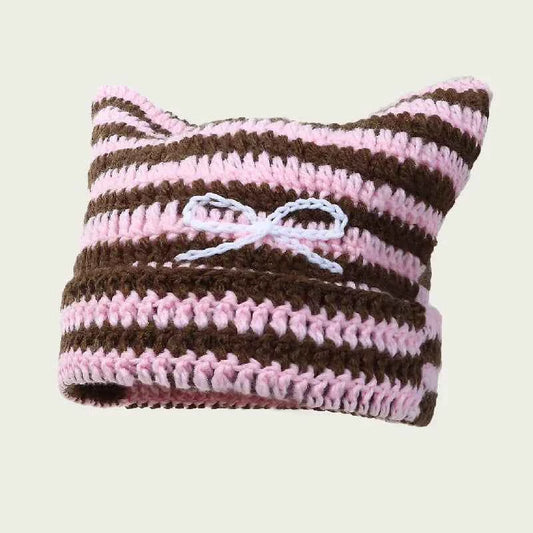 2025 New Hand-Knitted Bow Cat Ear Hooded Cap For Winter Men And Women, Striped Hollowed-Out Knitted Cap, K2y Street Style