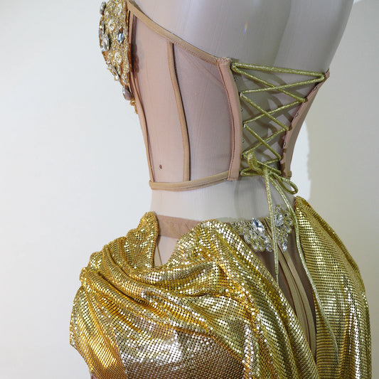 Draped sequins Skirt 2 Piece Women Gold Rhinestone Corset Outfit Sparkly Crystal Stage Costume Club Party Bar Performance Dance