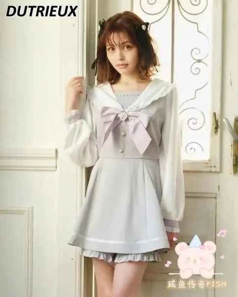 Japanese Style Women's Outfits Sailor Collar Plaid Rhinestone Bow Dress Shorts Set Sweet Lolita Mine Series Dress Two-Piece Suit
