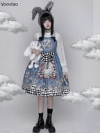 Vintage Gothic Lolita Style Slip Dress Women Harajuku Y2k Sleeveless Dark Bunny Print Party Dresses Girly Kawaii Bow Vestidos