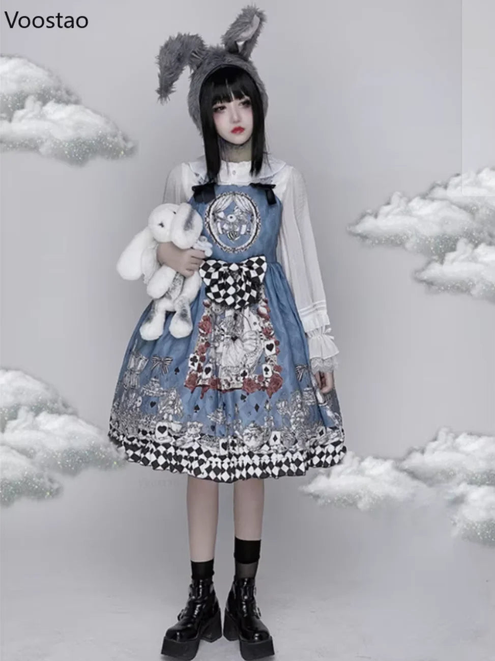 Vintage Gothic Lolita Style Slip Dress Women Harajuku Y2k Sleeveless Dark Bunny Print Party Dresses Girly Kawaii Bow Vestidos