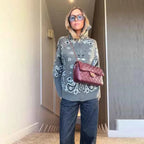 Warm Printed High Collar Knit Cardigans Women Contrast Jacquard Zipper Full Sleeve Pocket Sweater 2026 Spring Lady Chic Knitwear