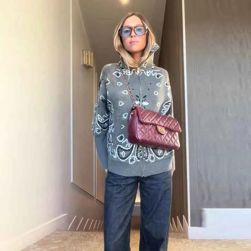 Warm Printed High Collar Knit Cardigans Women Contrast Jacquard Zipper Full Sleeve Pocket Sweater 2026 Spring Lady Chic Knitwear