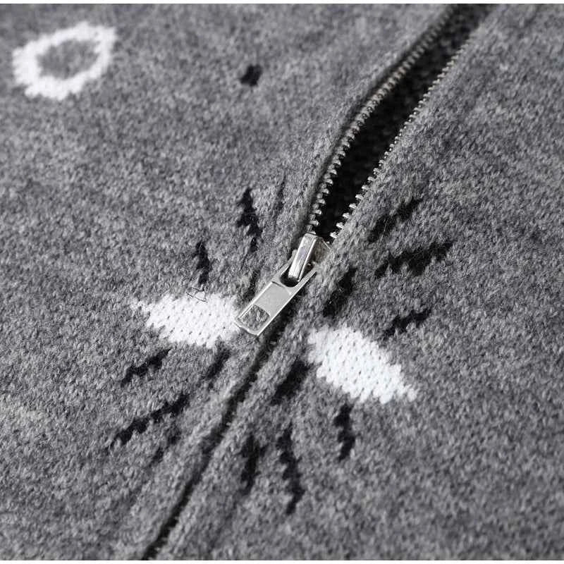 Warm Printed High Collar Knit Cardigans Women Contrast Jacquard Zipper Full Sleeve Pocket Sweater 2026 Spring Lady Chic Knitwear