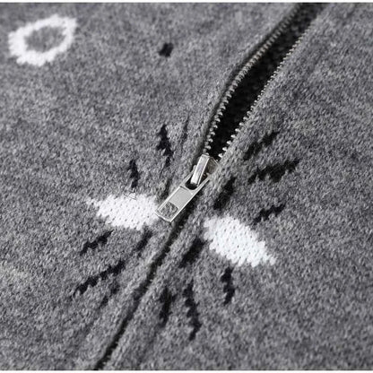 Warm Printed High Collar Knit Cardigans Women Contrast Jacquard Zipper Full Sleeve Pocket Sweater 2026 Spring Lady Chic Knitwear