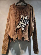 DEAT Women's Loose Knit Patchwork Lantern Sleeve Sweater