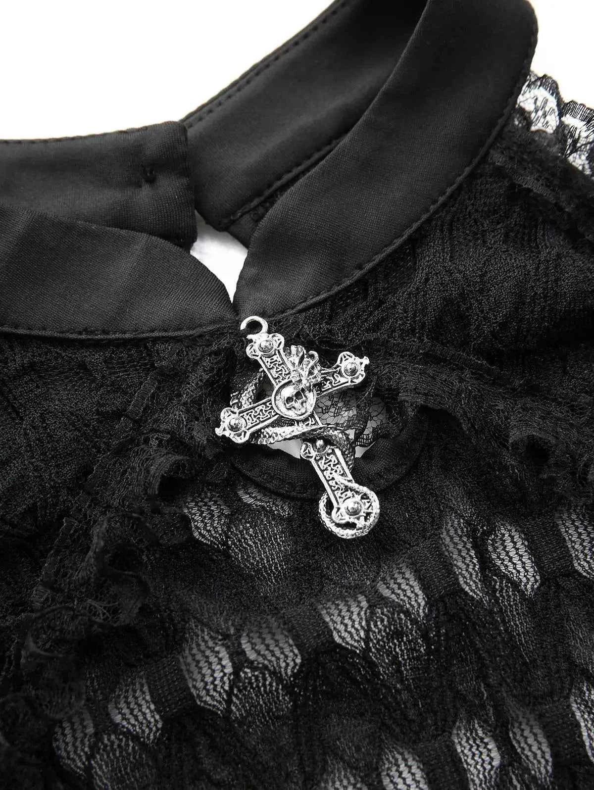 New Gothic Cold Shoulder Tops Women's Crochet Mesh Semi See Through Shirt with Cut Out Panels, Twist Front Cropped T-Shirt