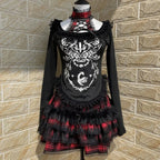 Japanese Gothic Woman Tshirts Y2k Tops Slim Waist Bandage Tees Patchwork Lace Print Long Sleeve Black T Shirt 2025 Ropa Mujer SS69