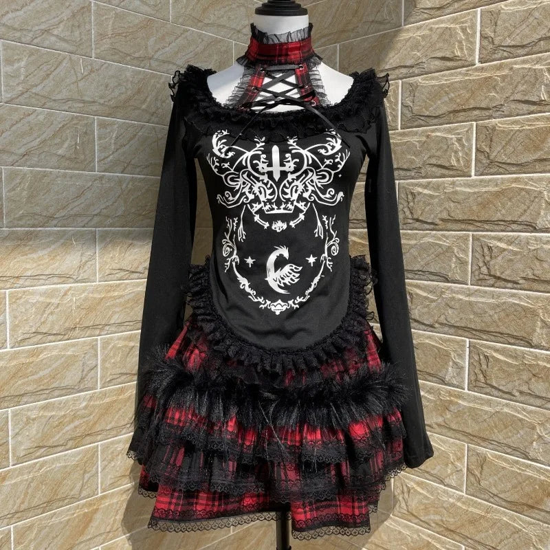 Japanese Gothic Woman Tshirts Y2k Tops Slim Waist Bandage Tees Patchwork Lace Print Long Sleeve Black T Shirt 2025 Ropa Mujer SS69