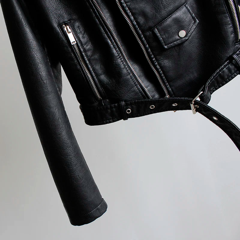 Women's PU Leather Motorcycle Jacket - Slim Fit, Turn-Down Collar