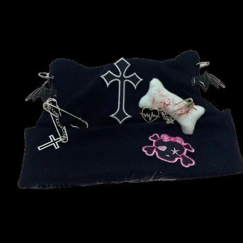 Gothic Punk Cat Ear Hat Cross Skeleton Knitted Black Y2K Girl Subculture Cute Lace Net Hat Chinese Brand None( AE Stock) SS69