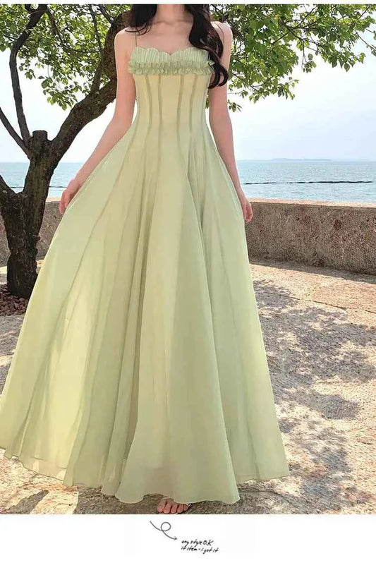 Summer Retro Purple Sexy Sleeveless Backless Ruffles Pleated Slip Dress French Women Green Elegant Party Evening Long Dress Chic