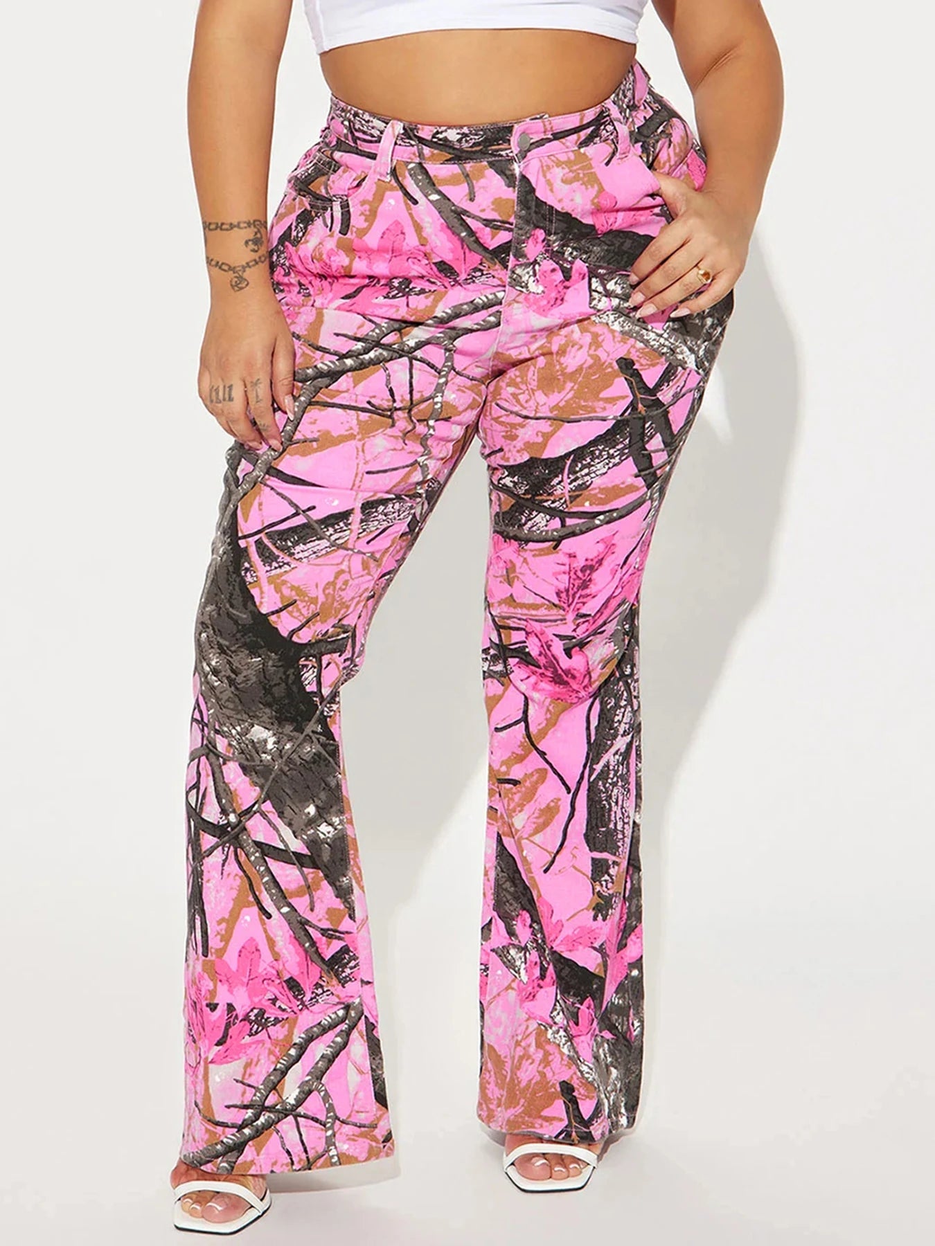 Rockmore Pink Thorn Camouflage Printed Flare Pant Casual High Street Trouser Women Y2k Clothes Autumn Aesthetic Grunge Fairycore SS69