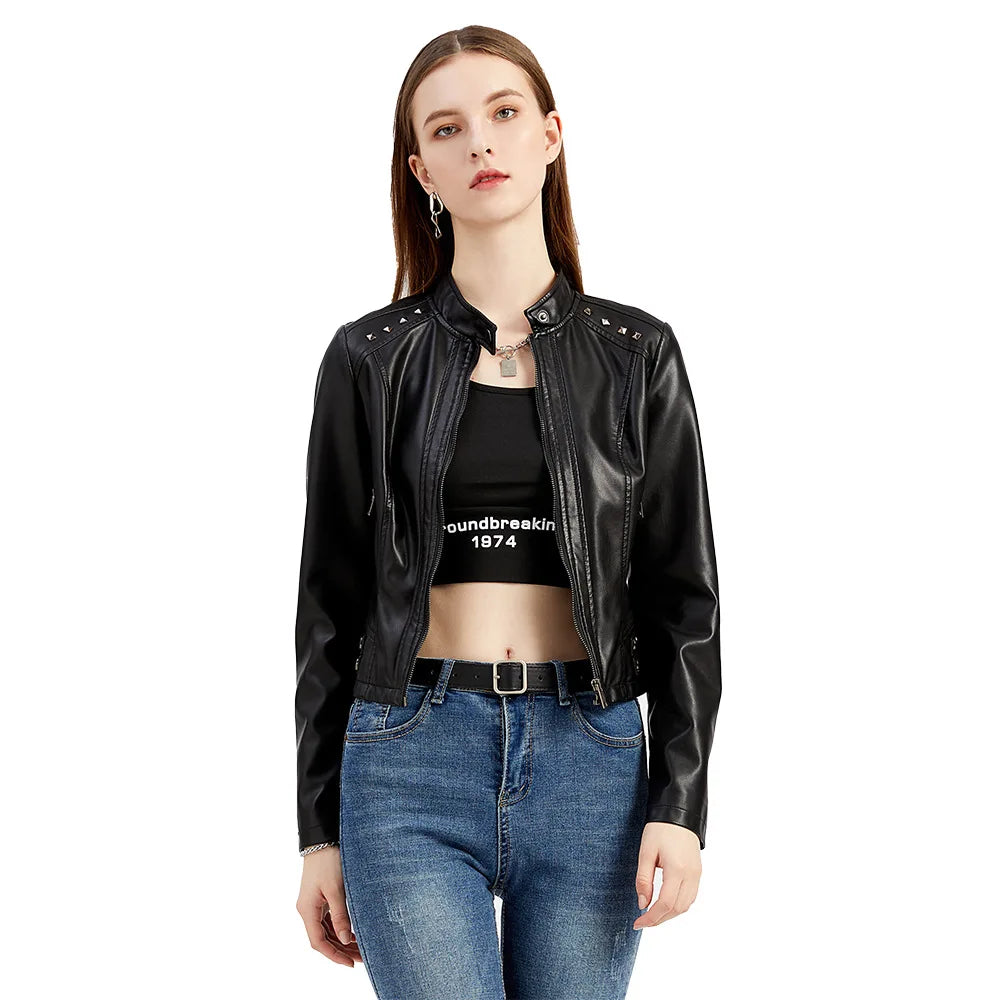 2025 Steampunk Rock Rivet Women's Leather Jacket Slim Short Streetwear Gothic Embroidery PU Leather Locomotive Coat Femme SS69
