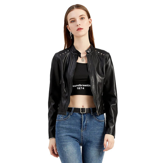 2025 Steampunk Rock Rivet Women's Leather Jacket Slim Short Streetwear Gothic Embroidery PU Leather Locomotive Coat Femme SS69