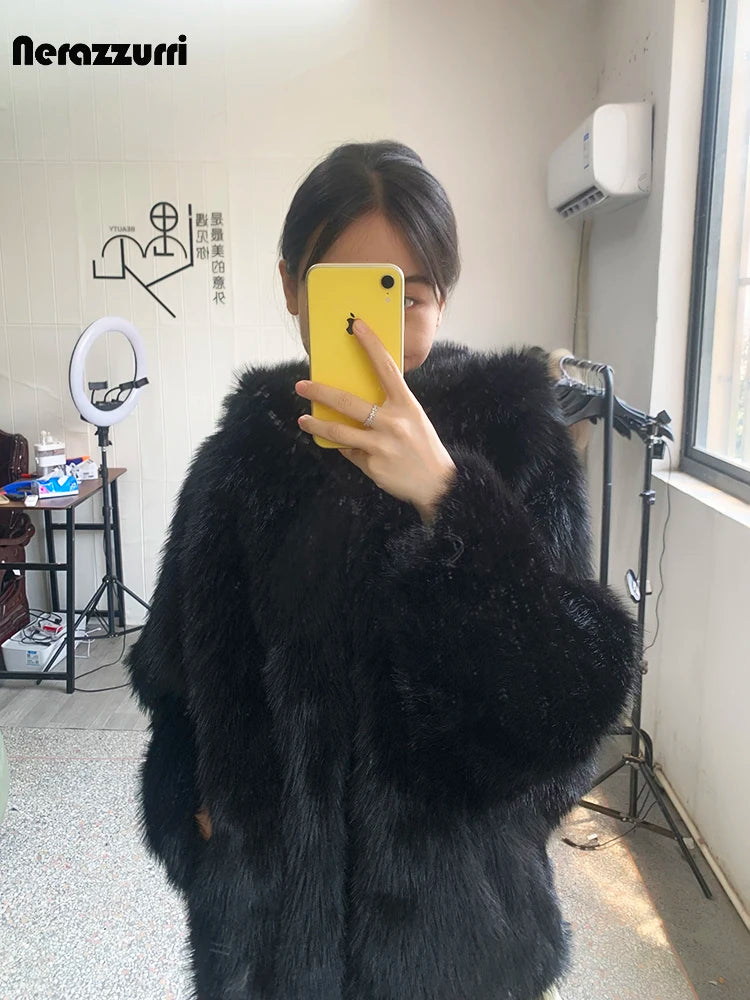 Nerazzurri Autumn Winter Oversized White Black Warm Shaggy Hairy Faux Fur Coat Women with Hood Loose Casual Fluffy Jacket 2023