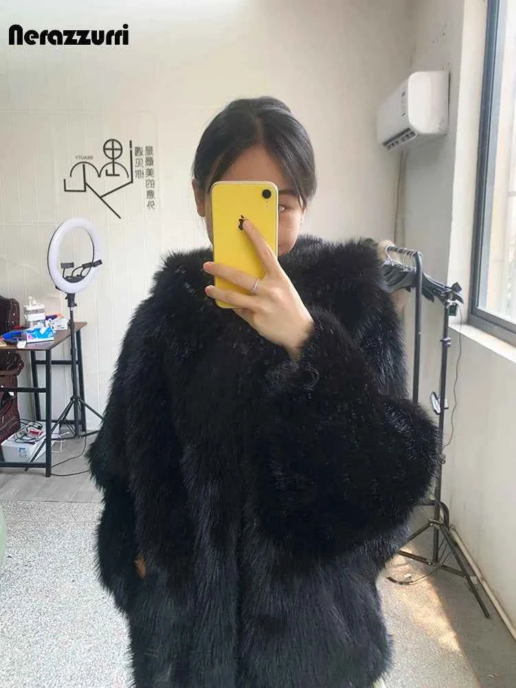 Nerazzurri Autumn Winter Oversized White Black Warm Shaggy Hairy Faux Fur Coat Women with Hood Loose Casual Fluffy Jacket 2023