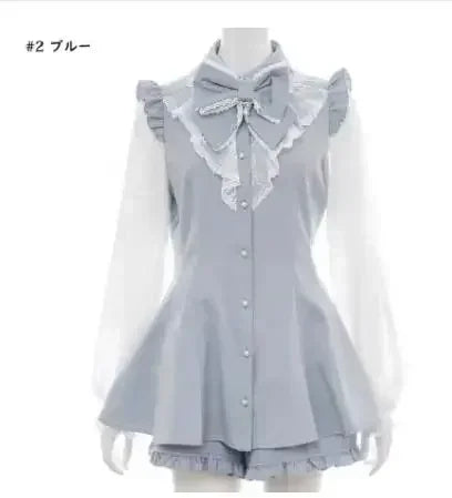 Geyalovvy Women's Lolita Sailor Collar Plaid Rhinestone Bow Two-Piece Set