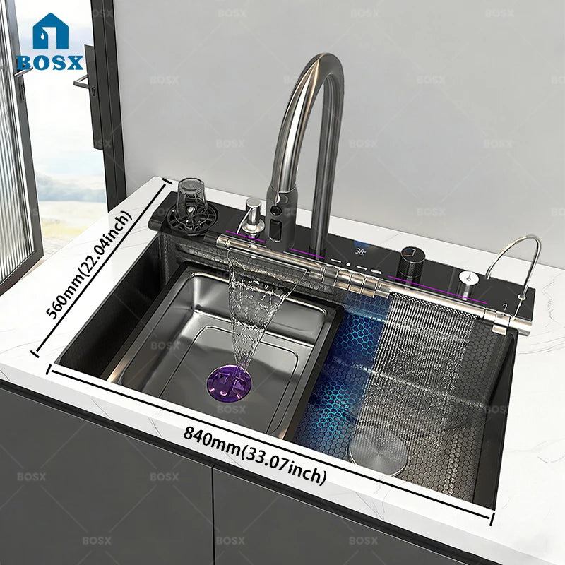 BOSX Stainless Steel Kitchen Sink with Waterfall Faucet