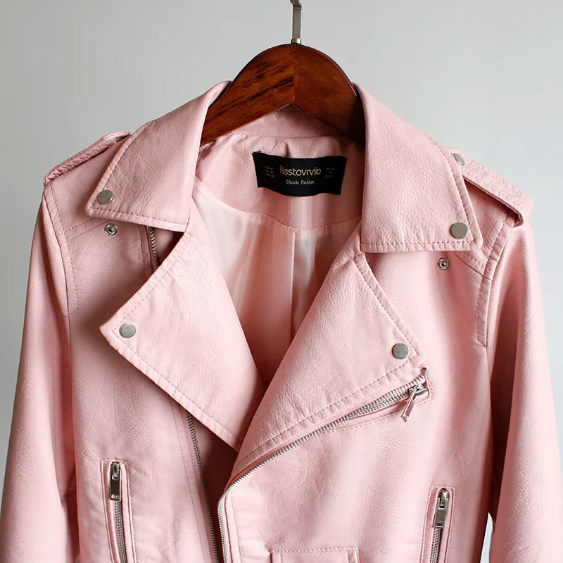 Women's PU Leather Motorcycle Jacket - Slim Fit, Turn-Down Collar