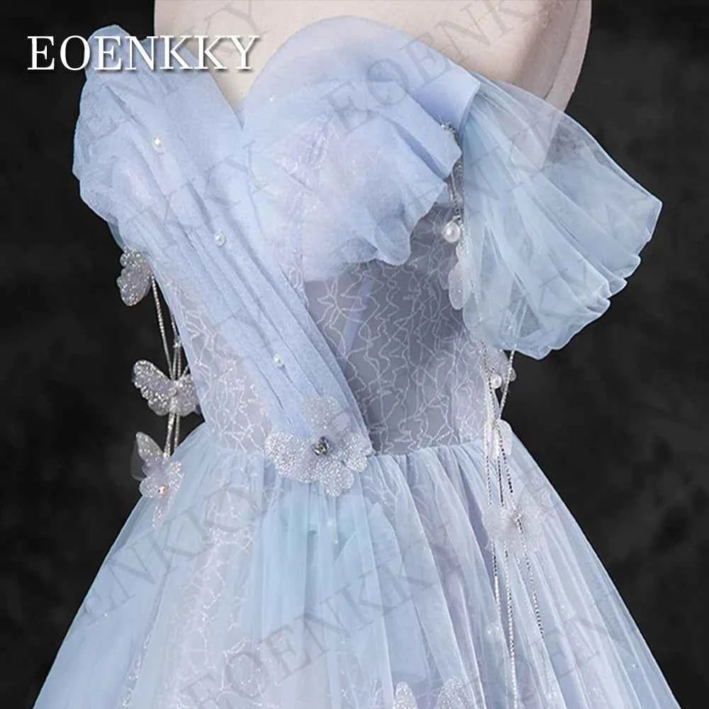 EOENKKY Blue Off Shoulder Princess Prom Dresses Celebrity A Line Pearls 3D Flowers Evening Gown платье на выпускной Customized